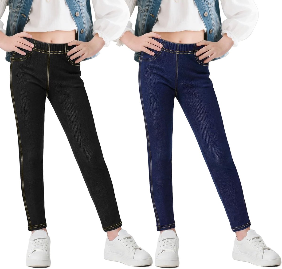 Leggings Meisjes Jeans-look leggings, pakket van 2, Kinderen Lange broeken met zakken Jeggings Broeken, 5-13 jaar, maat 116-158