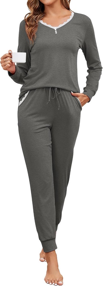 Pyjama voor dames, lang, katoen, tweedelige nachtkleding met kant, V-hals, nachtkleding en pyjamabroek met zakken