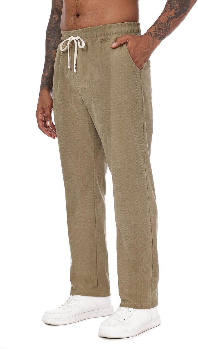 Corduroy chinobroek voor heren, regular fit, corduroy vrijetijdsbroek met zakken en elastische tailleband, voor kantoor, stad en dagelijks gebruik