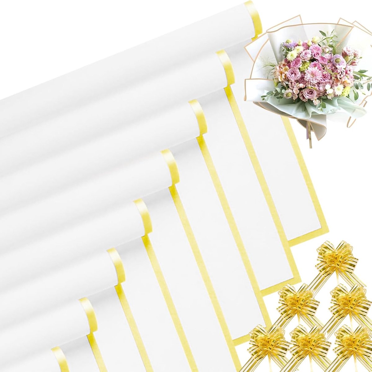 Cadeaupapier, waterdicht wikkelpapier, bloemenpapier met band, bloemenpapier voor geschenkverpakkingen, kunst en handwerk (wit, 57 x 57 cm)