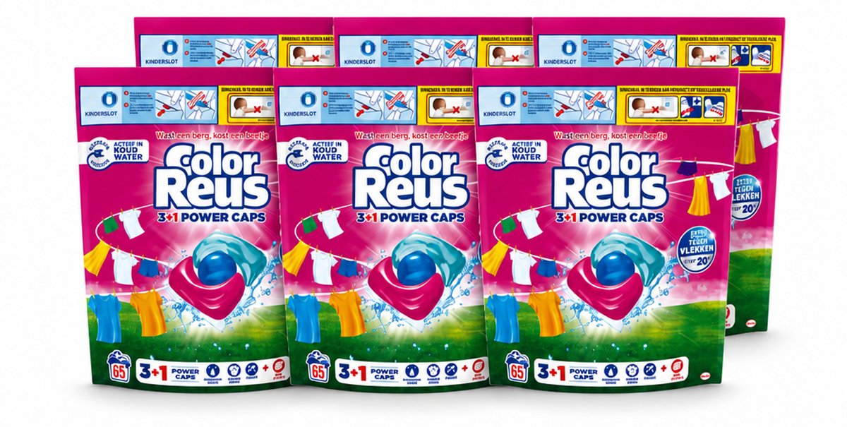 6 x Color Reus - 3+1 Power Caps - Gekleurde Was - 65 Wasbeurten - Voordeelverpakking - 6 stuks