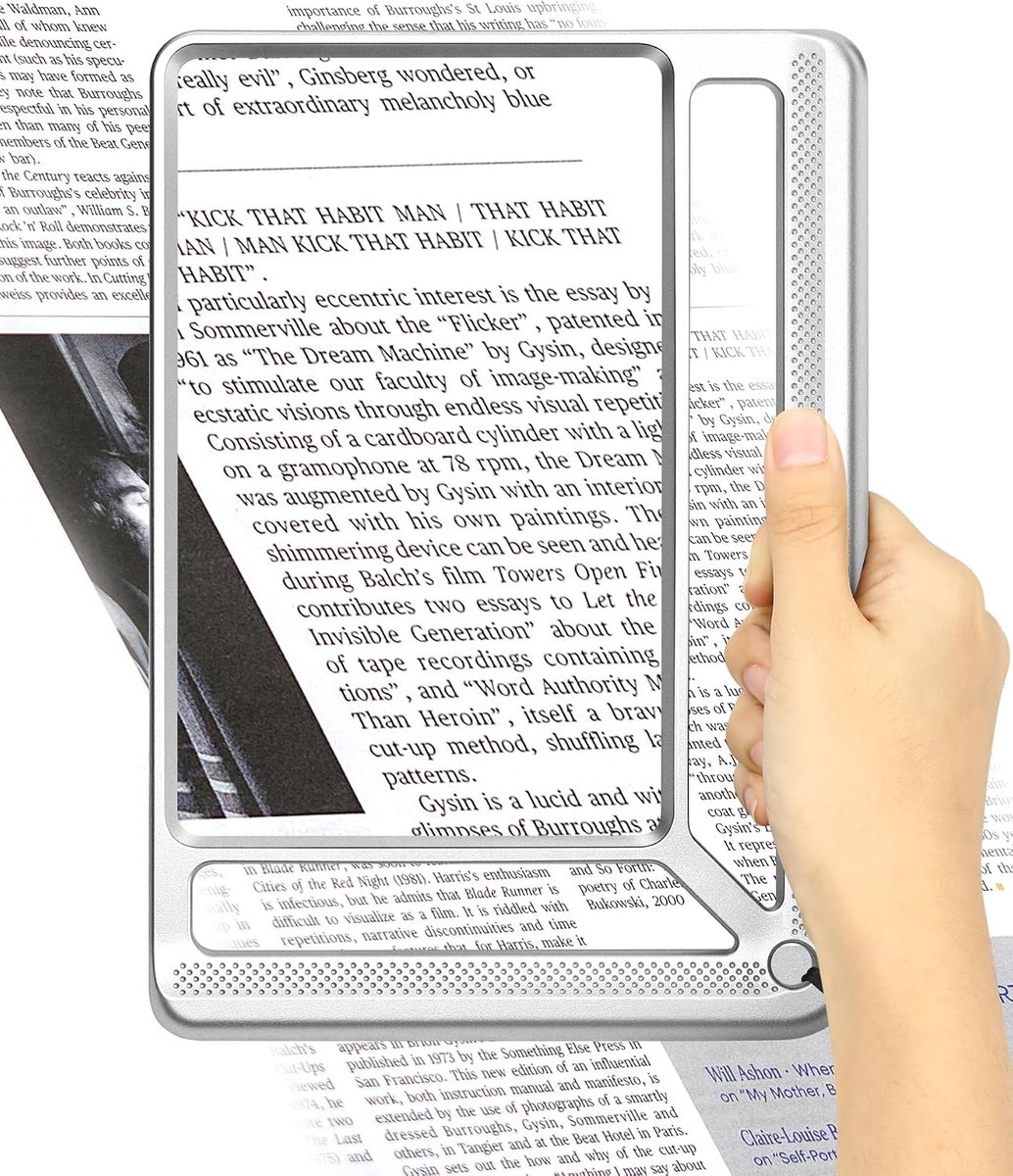 6 x leesloep, licht vergrootglas van boeken, rechthoekig vergrootglas om te lezen, voor senioren, groot, kranten, verbeterde handloep, volledige pagina-loep om te lezen, leeshulp， Zilver