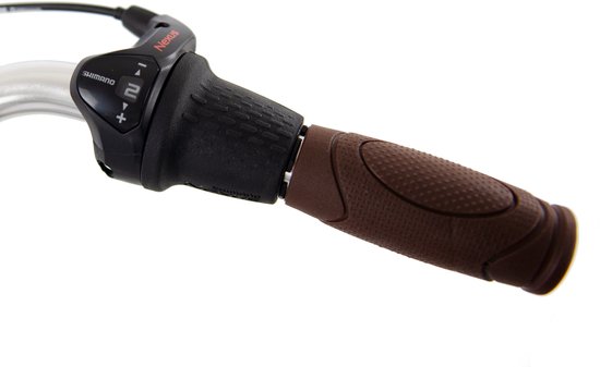 Zwarte Nexus Shimano versnellingspook op het stuur van een fiets met bruine handvatten.