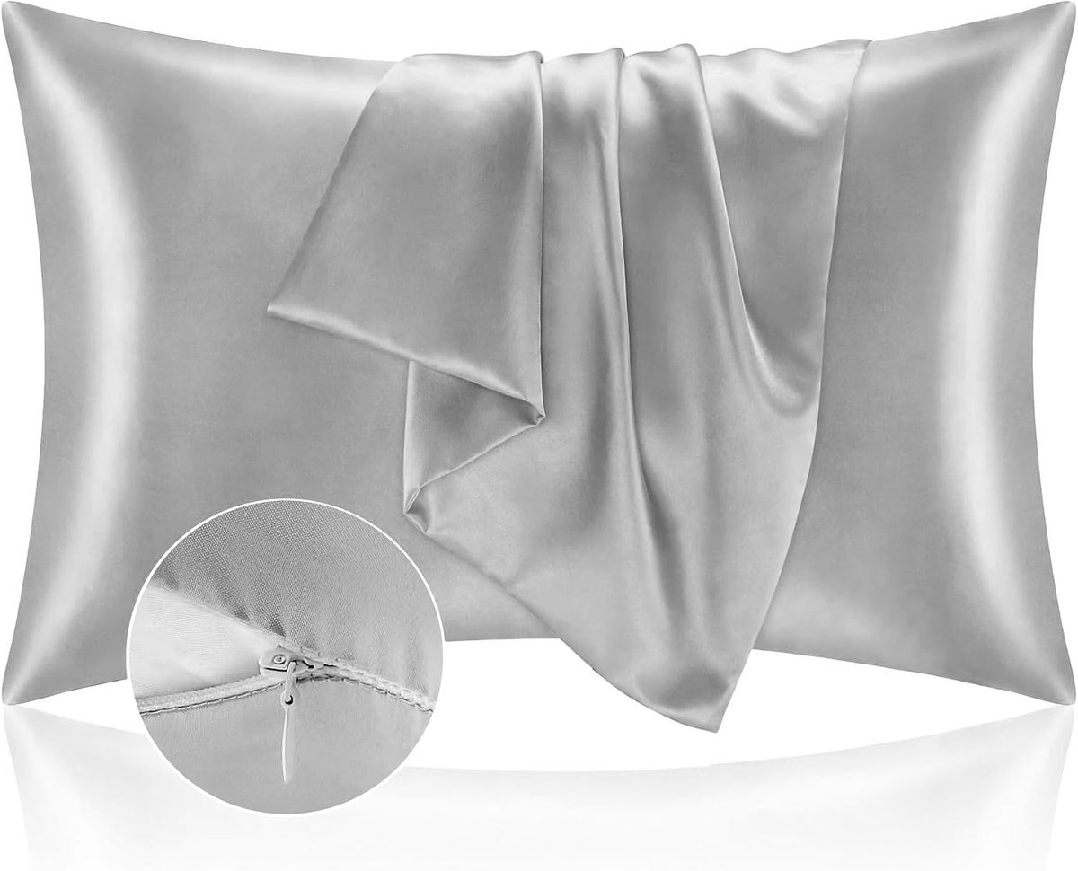 Kussensloop 50 x 90 cm, satijnen hoes beschermt huid en haar, super zacht en hypoallergeen, set van 2 kussenslopen met ritssluiting, zilver