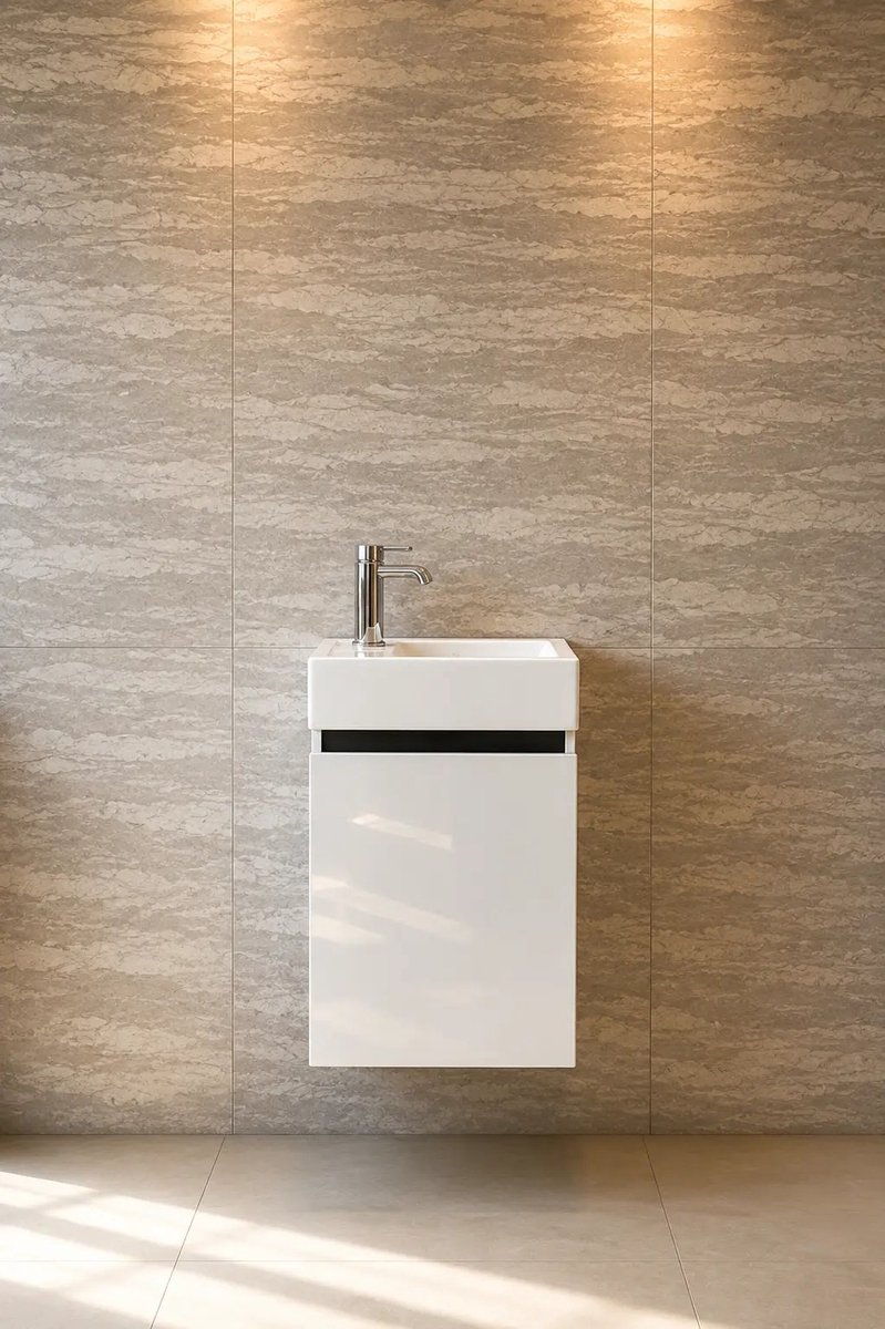 Faizee Home Alkan Badkamermeubel 40 cm – Wastafel & Kraan – Wit/Zwarte Onderkast + Wastafel + Kraan