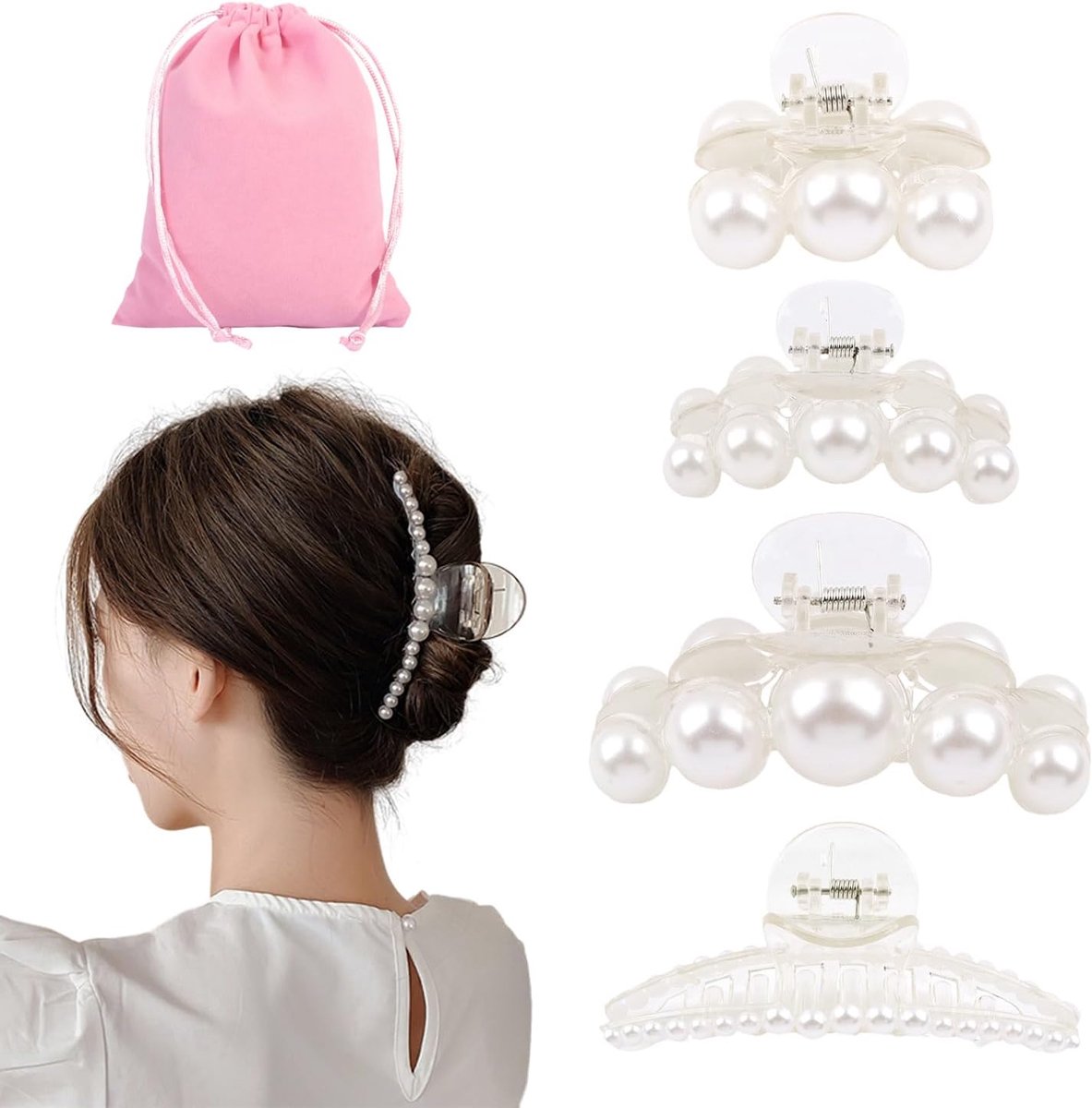 4 stuks haarspelden met parels voor vrouwen, 1 fluwelen tas, eenvoudige en modieuze haarspelden voor meisjes, dagelijkse styling