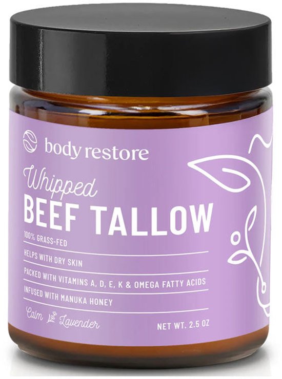 Grasgevoerd rundervet balsem met lavendel en een koeienicoon. Body Restore Whipped Beef Tallow.