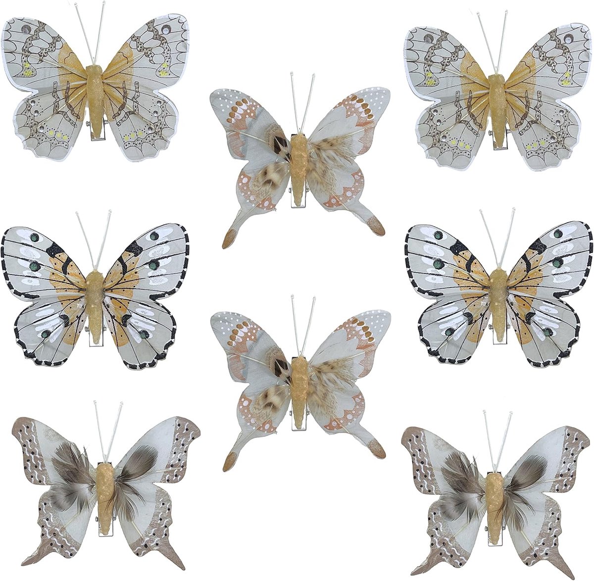 Vlinders met clip voor kleurrijke decoratie (8-delige set, grijs-beige)