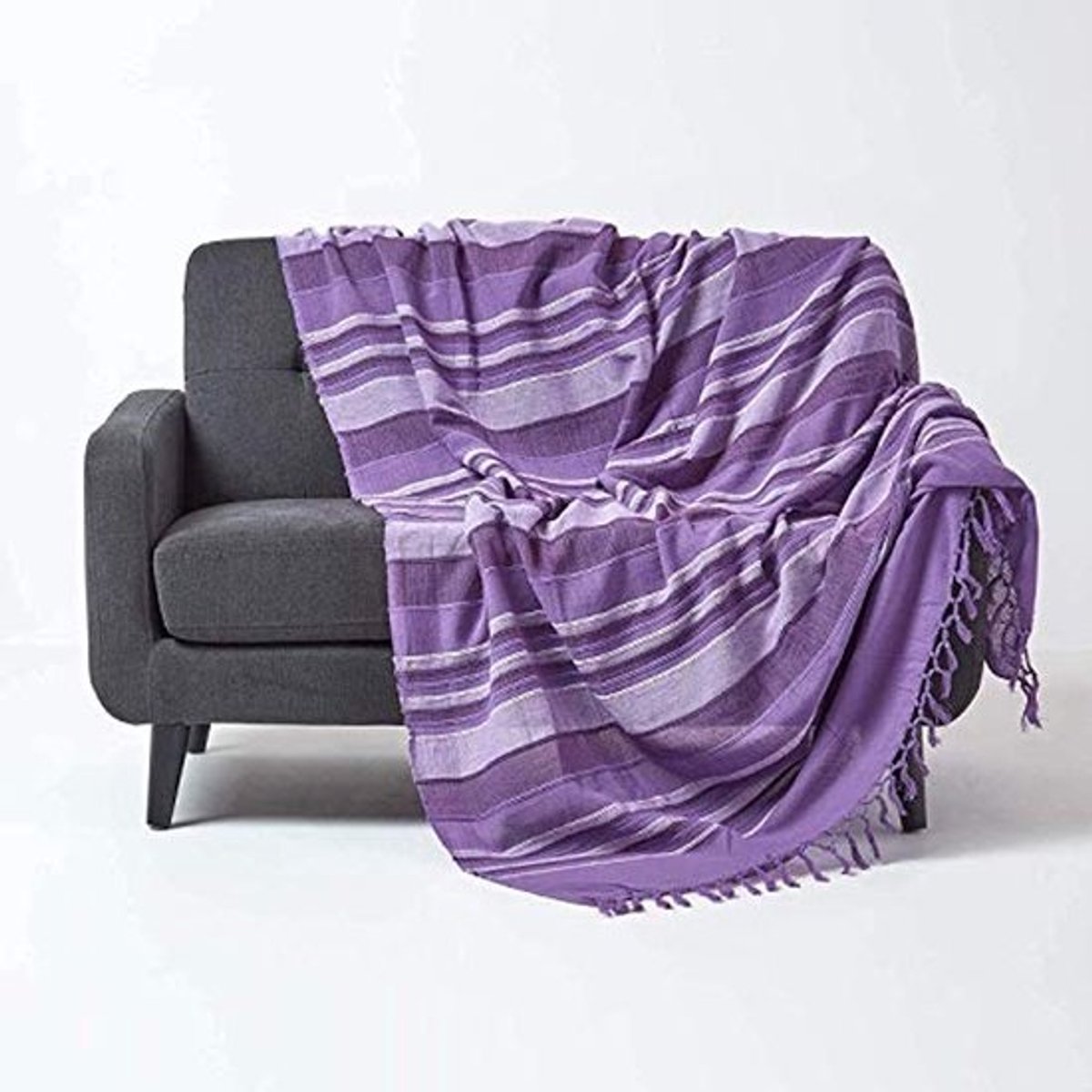 Gestreepte Katoenen Deken - Paars - Handgeweven Plaid Met Franjes - 150 x 200 cm
