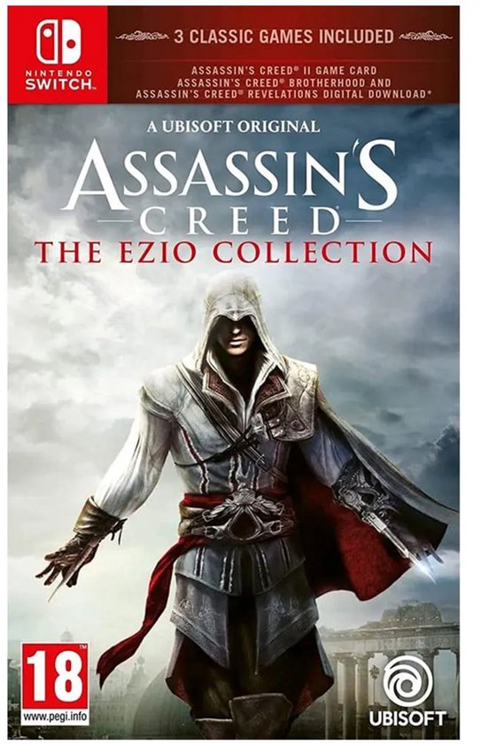 De cover van de Nintendo Switch game 'Assassin's Creed: The Ezio Collection' toont Ezio Auditore in zijn kenmerkende witte en rode outfit, met de tekst '3 CLASSIC GAMES INCLUDED'.
