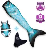 Zeemeerminnenstaart in blauw met glinsterende schubben, bikini, zwemvliezen en een "12 maanden garantie" icoon.