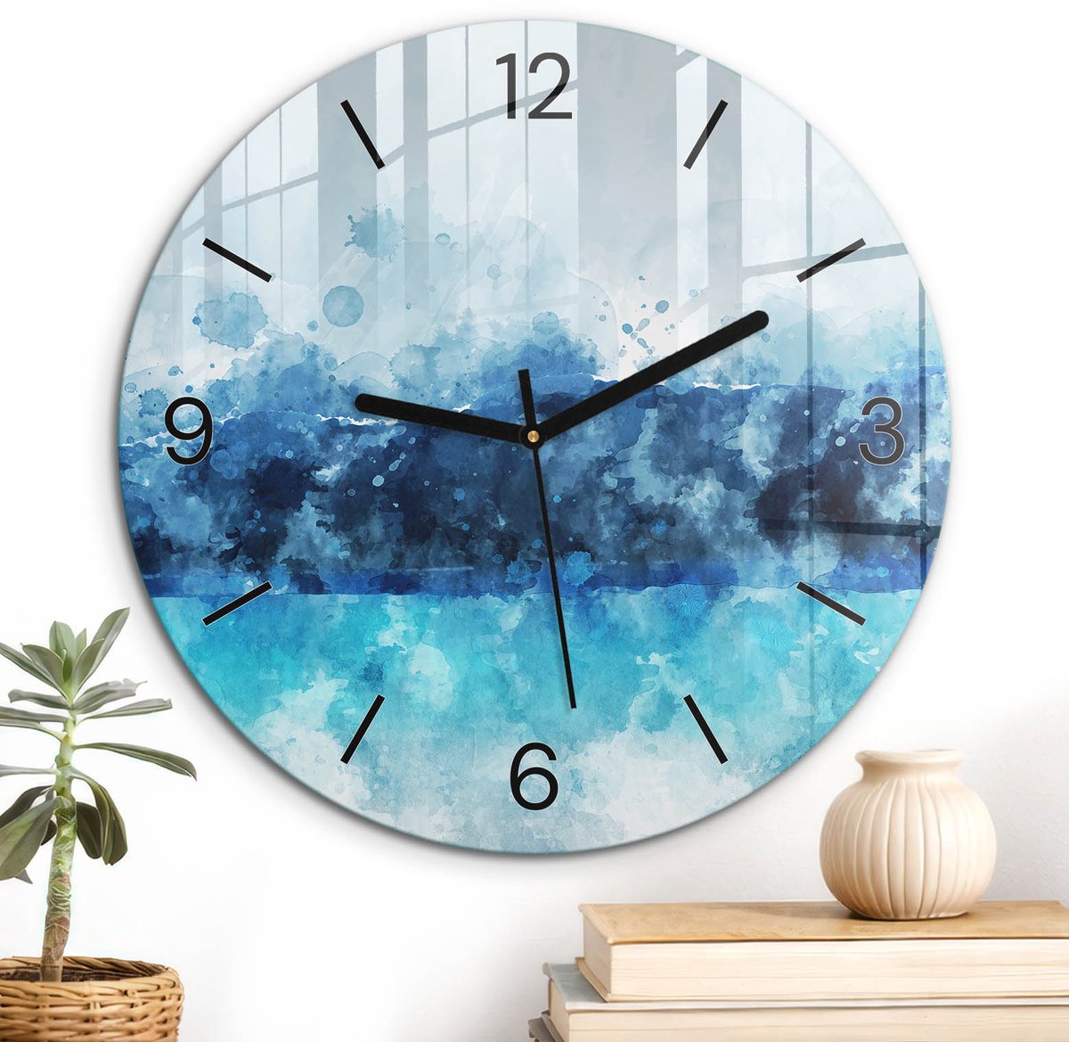 ArtPrintCave Blauw Glazen Klok - Wandklok 30 cm - Muurklok Rond - Zeegezicht Wandklok Keuken - Natuur Unieke Klok - Zwarte Klokwijzers