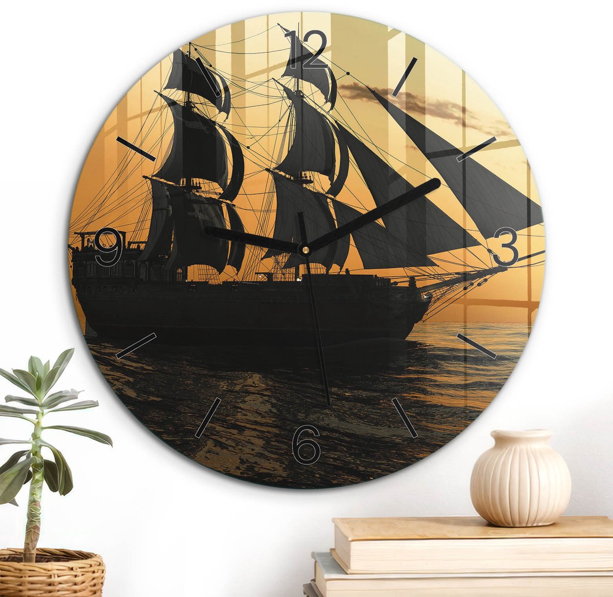 ArtPrintCave Oranje Glazen Klok - Wandklok 30 cm - Muurklok Rond - Zeilschip In De Avond Unieke Klok - Natuur Stille Wandklok - Zwarte Klokwijzers