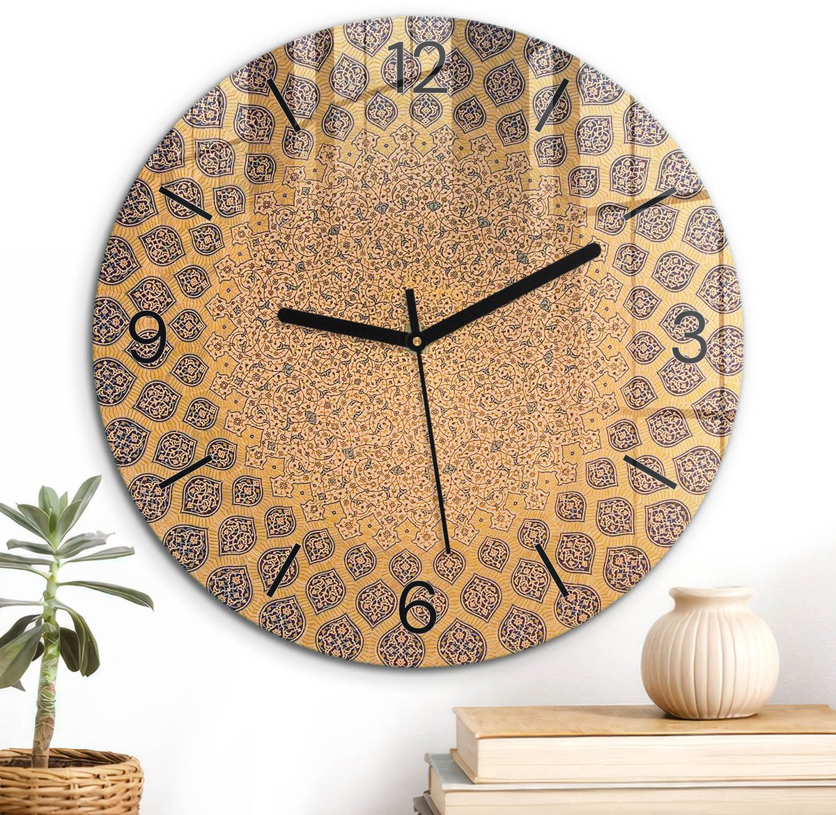 ArtPrintCave Geel Glazen Klok - Wandklok 30 cm - Muurklok Rond - Harmonie Van Details Unieke Klok - Geometrie Stille Wandklok - Zwarte Klokwijzers