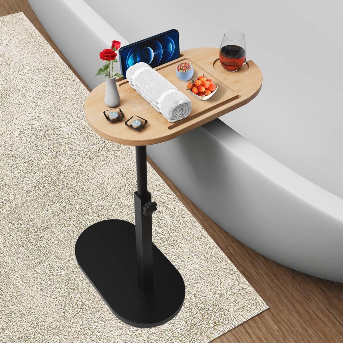 Vellaro Bijzettafel verstelbaar - Bamboe - Verstelbare hoogte 47-79 cm - Met metalen beugel - Voor bad en slaapkamer