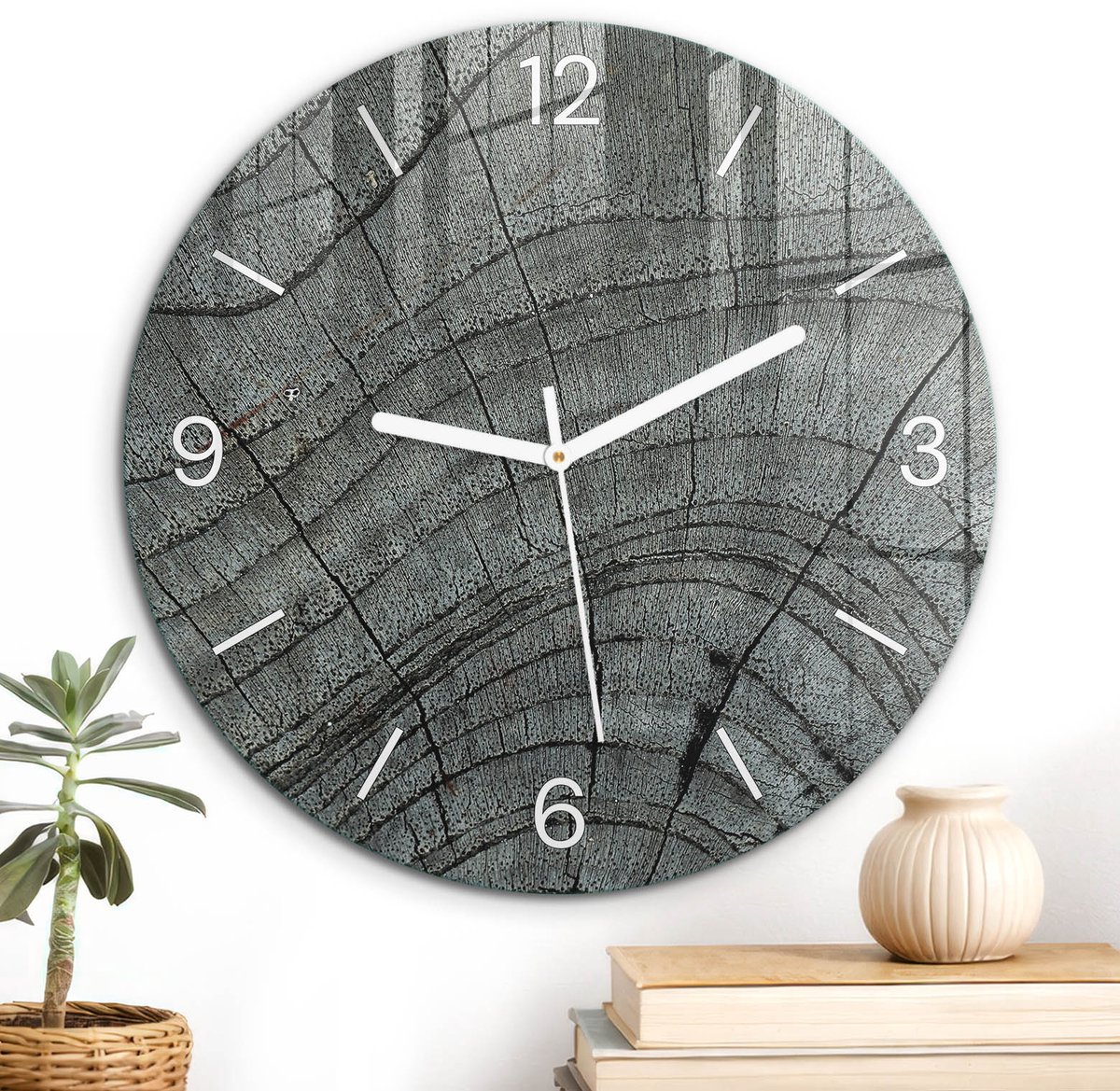 ArtPrintCave Grijs Glazen Klok - Wandklok 30 cm - Muurklok Rond - Houtstructuur Unieke Klok - Natuur Stille Wandklok - Witte Klokwijzers