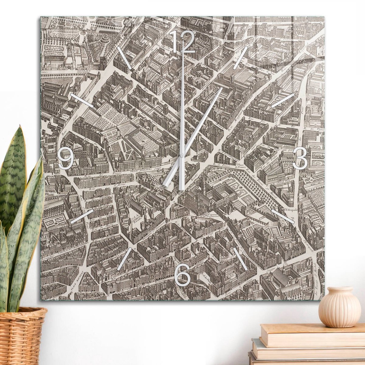 ArtPrintCave Grijs Glazen Klok - 60x60 cm - Wandklok Vierkant - Historische Kaart Stille Wandklok - Architectuur Wandklok Keuken - Witte Klokwijzers