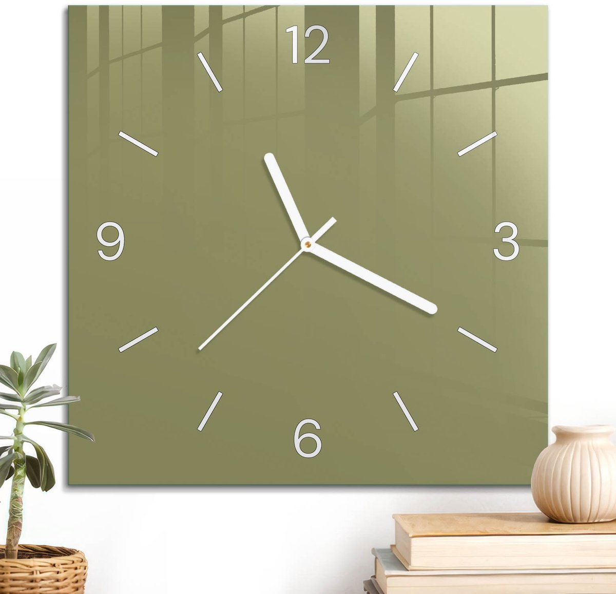 ArtPrintCave Geel Glazen Klok - 30x30 cm - Wandklok Vierkant - Groen Gras Stille Wandklok - Abstractie Wandklok Keuken - Witte Klokwijzers