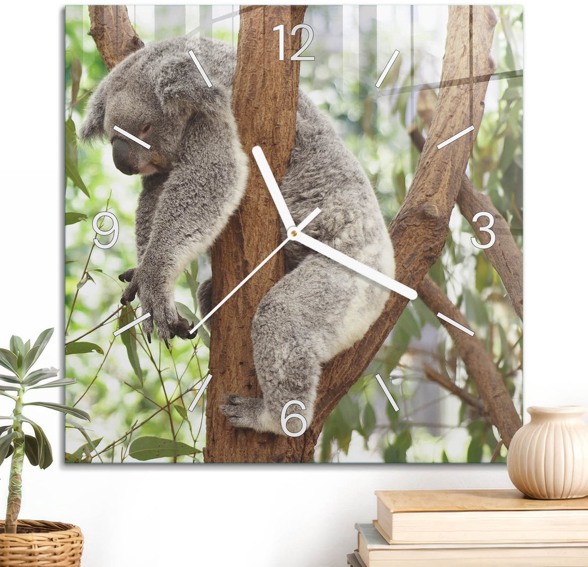 ArtPrintCave Groene Glazen Klok - 30x30 cm - Wandklok Vierkant - Koala Ontspanning Wandklok Keuken - Natuur Unieke Klok - Witte Klokwijzers