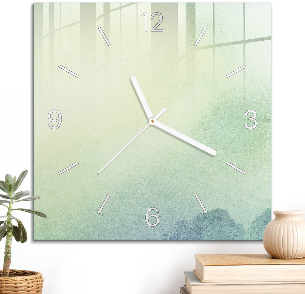 ArtPrintCave Turkoois Glazen Klok - 30x30 cm - Wandklok Vierkant - Subtiel Minimalisme Unieke Klok - Achtergronden En Patronen Stille Wandklok - Witte Klokwijzers