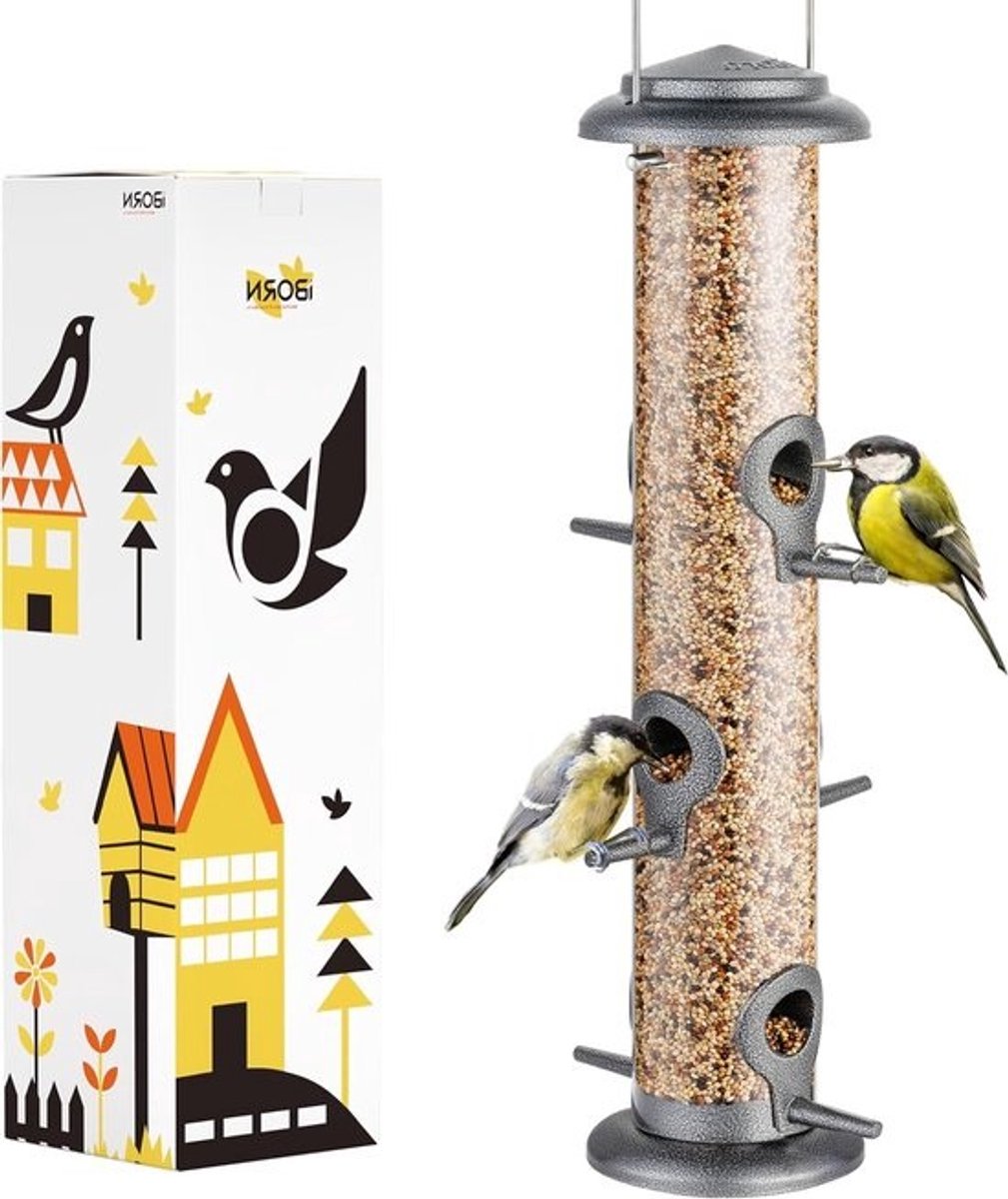 Hangende metalen vogelvoederhuis voor wilde vogels - Geschikt voor diverse zaadmengsels, Nigerzaad en zonnebloemhart - Duurzaam ontwerp met 6 openingen en 14 inch hoogte