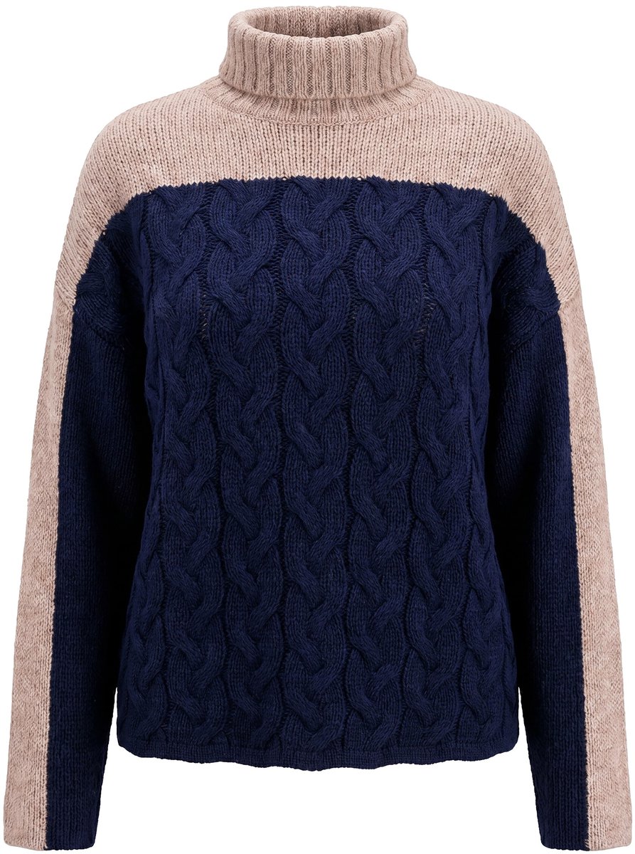 Ulla Popken - Dames - Trui kabelpatroon oversized opstaande kraag lange mouwen - Marine - Maat 58+