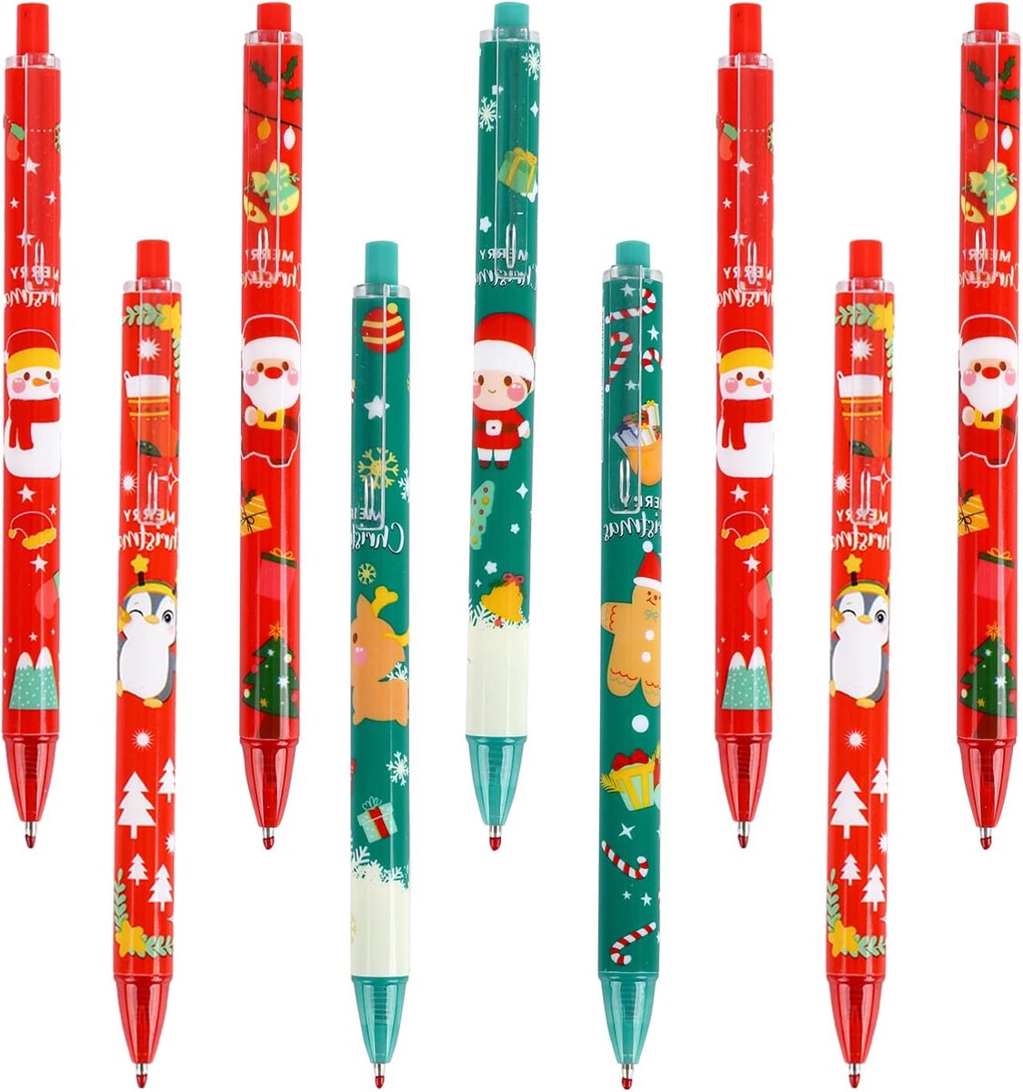 Kerstbalpen, 24 stuks, kerstbalpen, sneeuwpop, pennen, kerststiftenset, kerstfeestgunst voor Kerstmis, school, willekeurig kleurpatroon