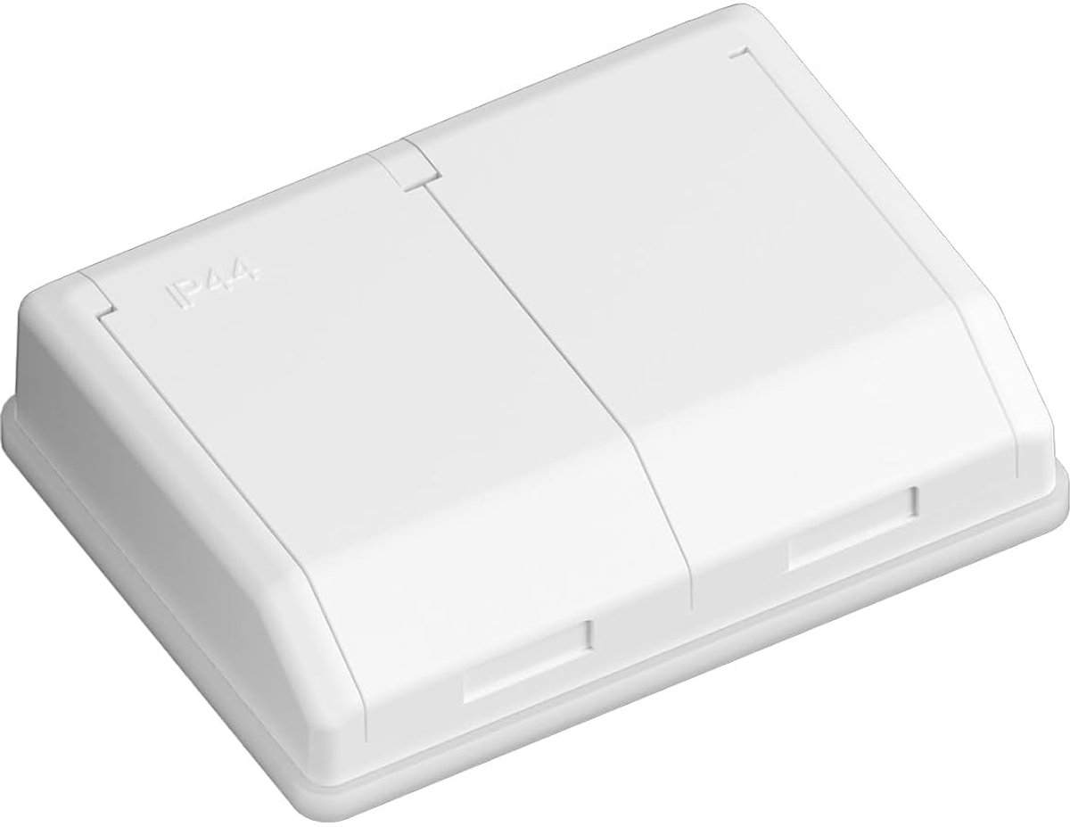 Classic 2-voudig IP44 stopcontact, 2 Schuko-half inbouwwandcontactdoos met afdekking, 250 V 16 A, 106,1 x 78,1 mm stopcontacten, wit