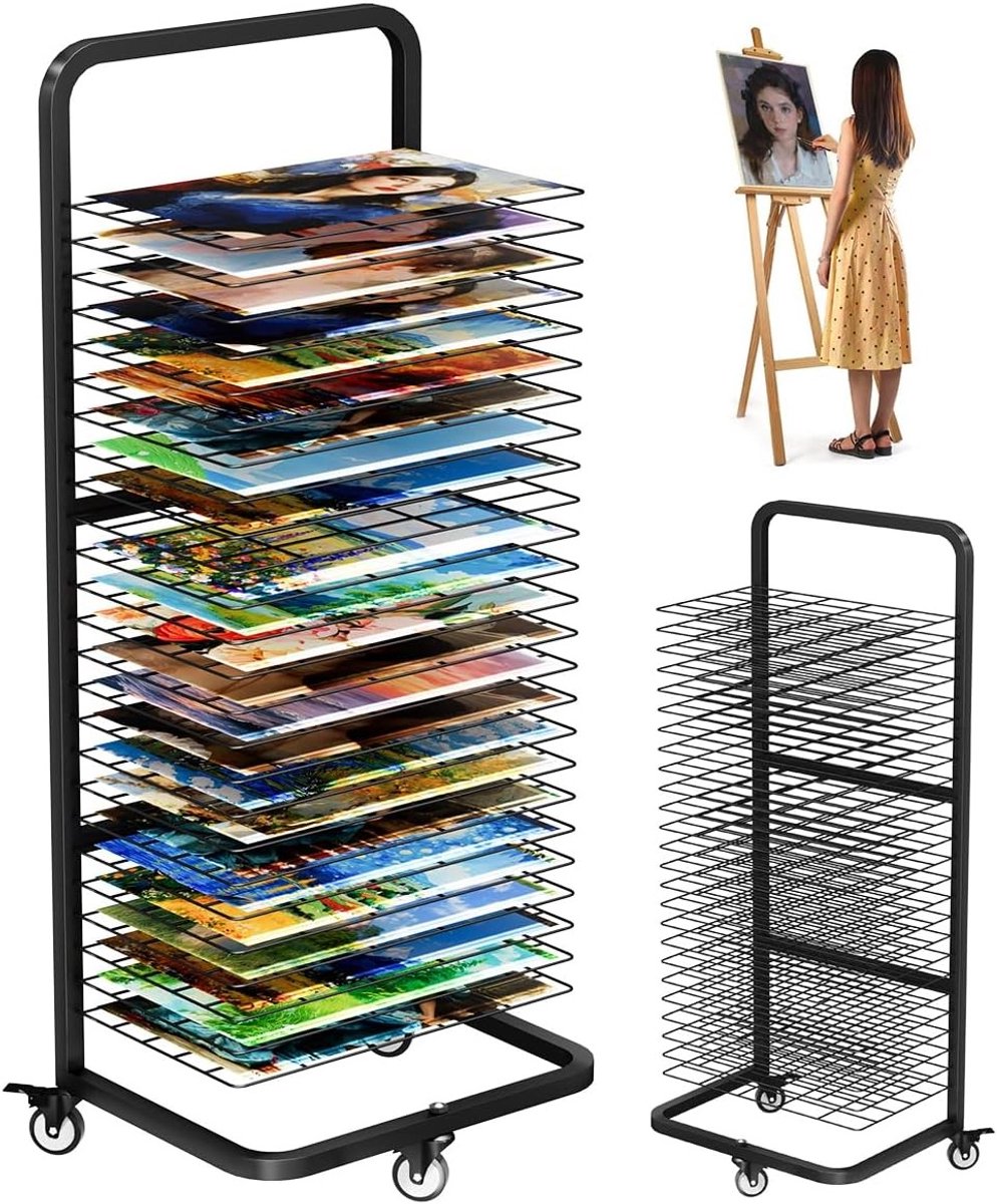 Droogrek - Zwart - Metalen Droogstandaard met 25 Verwijderbare Planken - Mobiel Kunst Opbergrek voor Klaslokalen en Studio’s