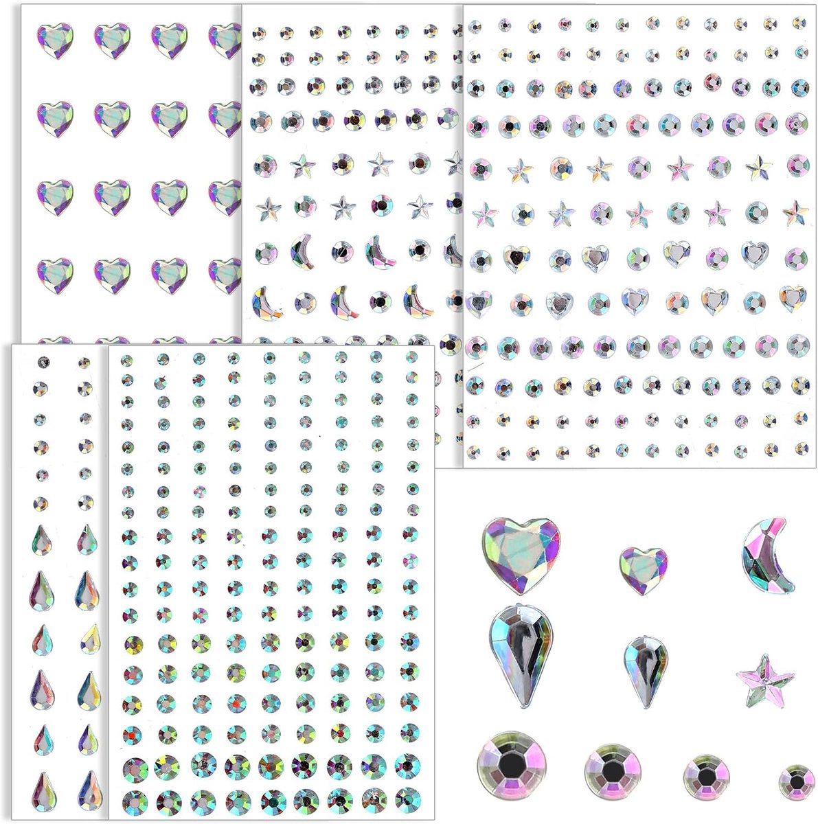 5 vellen glitterstenen, zelfklevende strassteentjes, edelstenen, glittersteentjes, tijdelijke tatoeages, voor gezicht, ogen, lichaam, nagels, haar, make-up, festival, feest, Halloween