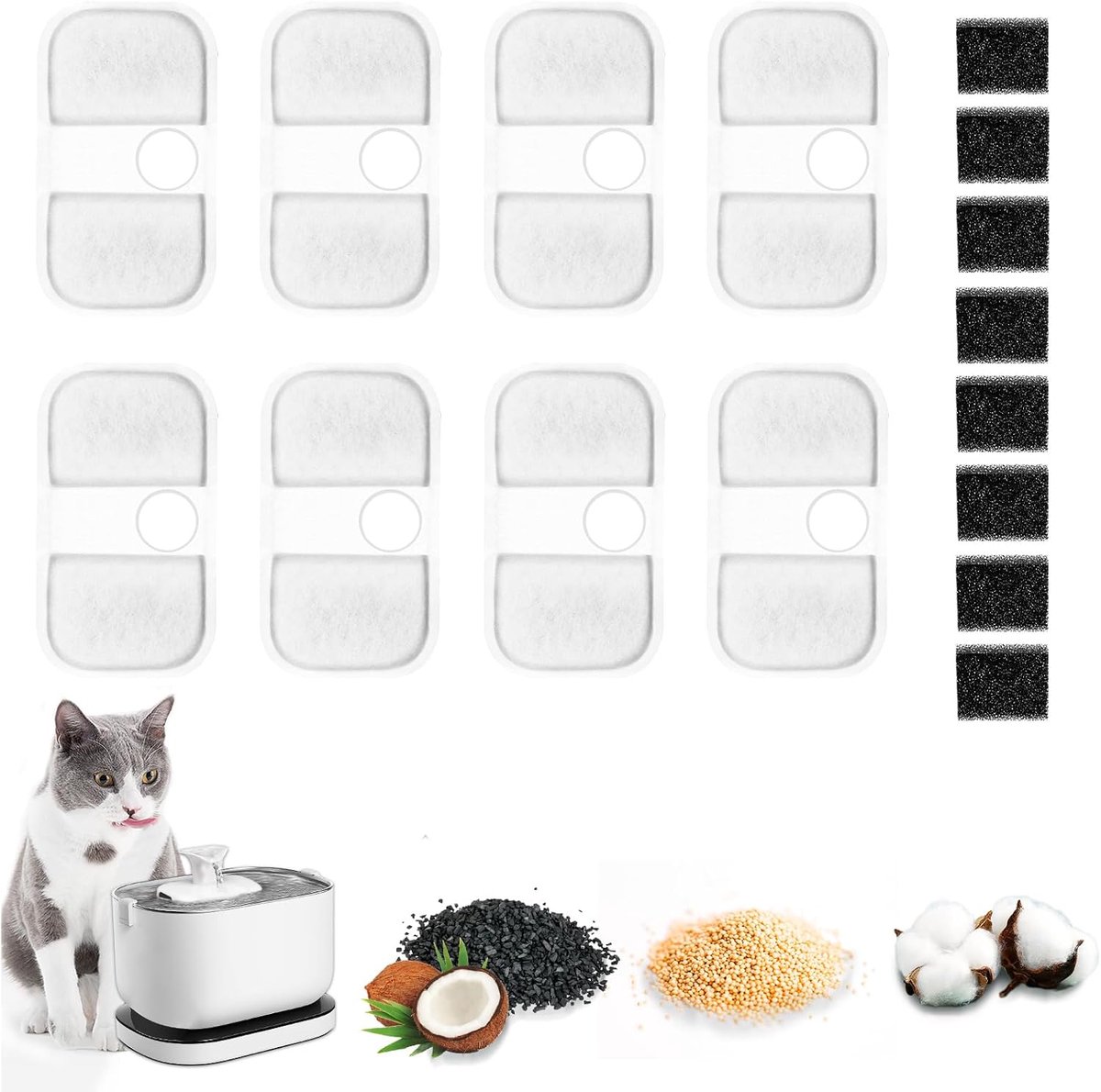 16 x kattenfonteinfilter, filter voor katten, 8 koolstoffilters en 8 schuimstoffilters, drievoudig filtersysteem, kattendrinkbak, vervangingsfilter voor huisdierwaterfontein PLWF105/PLWF115/PLWF005