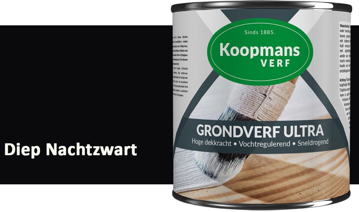 Koopmans Grondverf Ultra – Grondverf Hout & Metaal Binnen en Buiten – Vochtregulerende Primer – Hoge Dekking – Zijdeglans – Diep Nachtzwart – 750 ml