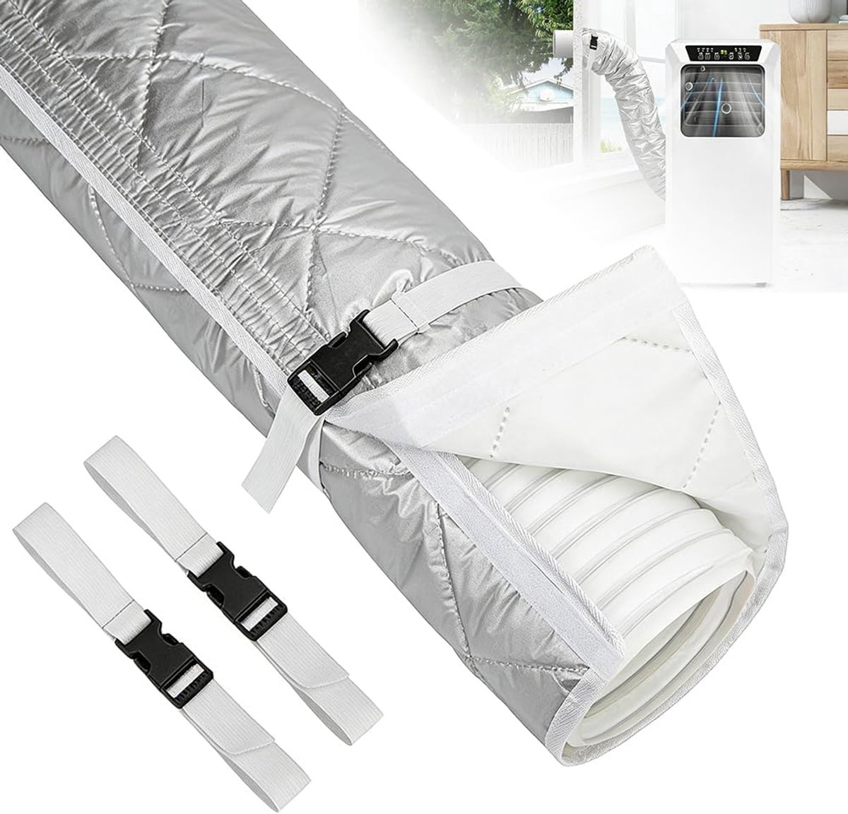Luchtslangisolatie, 150 x 50 cm, met 2 verstelbare gespen, draagbare airconditioning, voor uitlaatgasslang van 15 cm