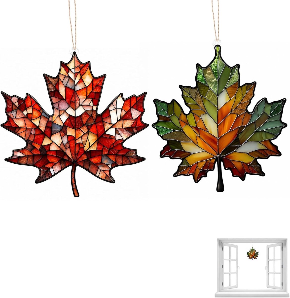 2 stuks acryl esdoornblad-hanger, herfstdecoratie, met ketting, transparante raamdecoratie, voor ramen, woonkamer, tuin, oranje-rood, licht, glanzend, herbruikbaar