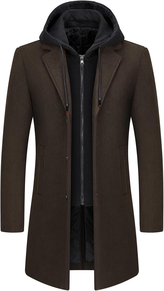 Trenchcoat voor heren, effen, casual, gewatteerd, outdoor, overcoat, lange capuchon, warme jas