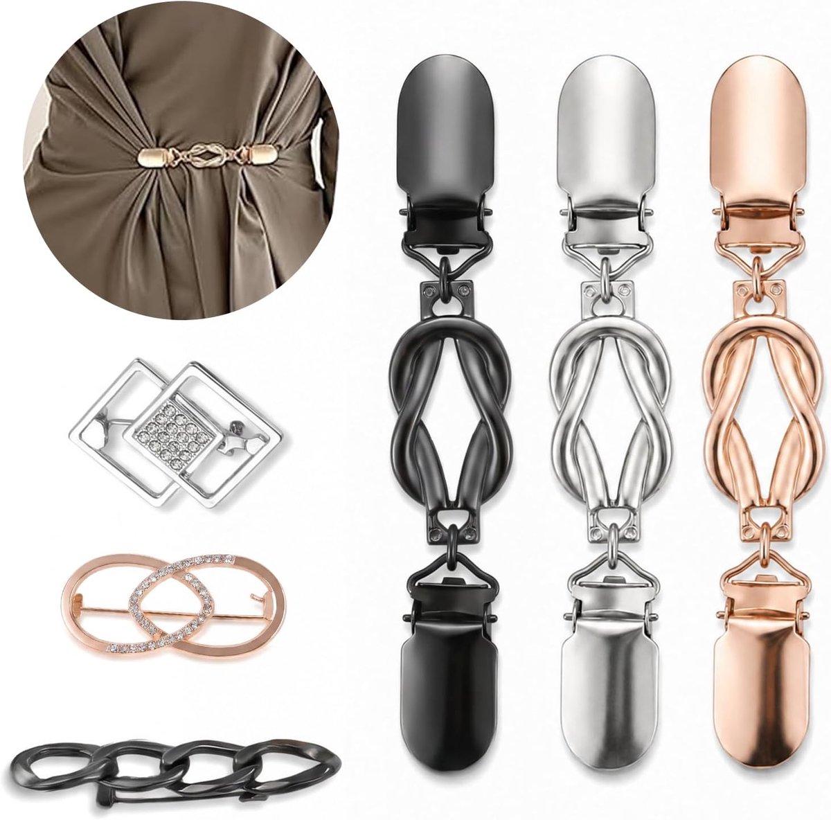 Tailleclipset voor dames, 3 vest-clips + 3 broches, jurkclips om op te binden voor truien en sjaals, metaal, retro goud/zilver