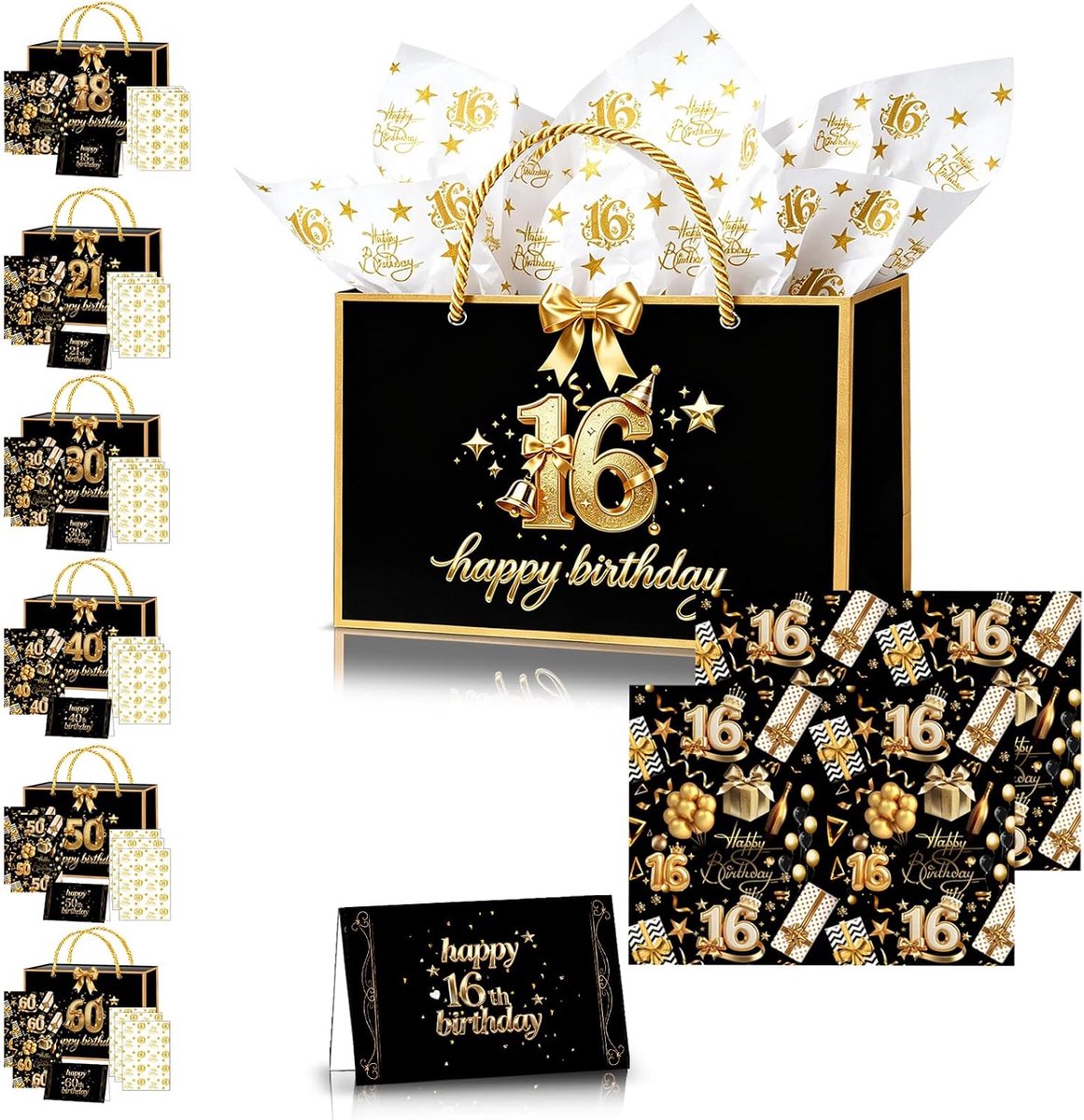 Cadeauzakje voor de 16e verjaardag voor meisjes en jongens, papieren kleine cadeauzakjes voor de 16e verjaardag met strik, zijdepapier, cadeaupapier, wenskaarten voor mannen en vrouwen