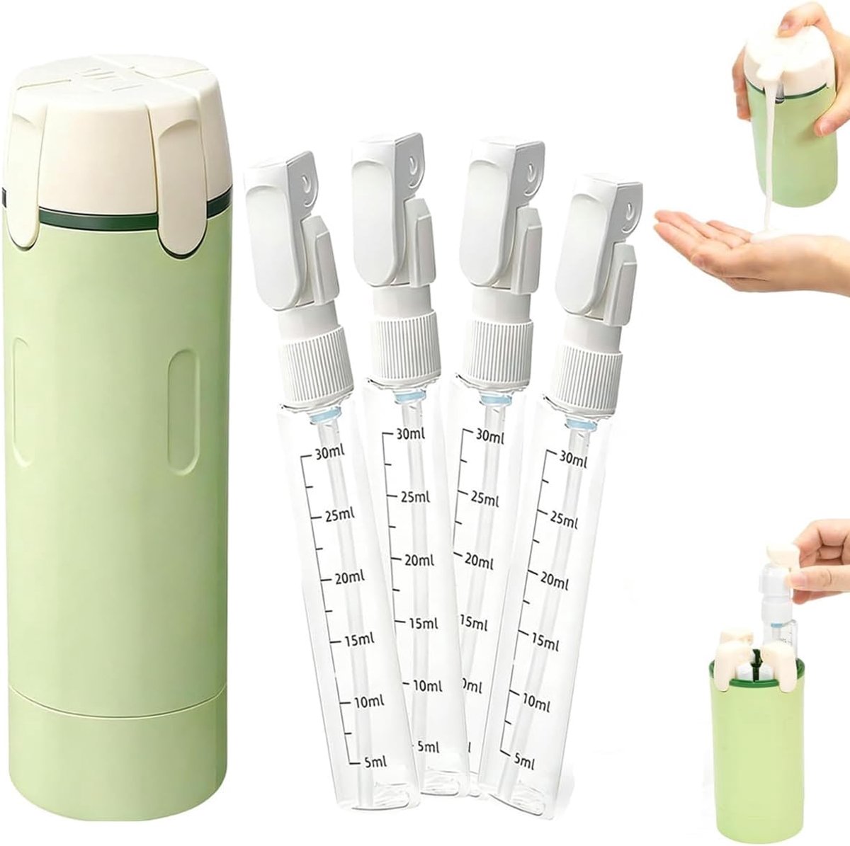 4-in-1 reisflessenset, navulbare reiscontainer voor toiletartikelen, drukknopopening, lekvrij, cosmeticaflessen met schaal en etiketten voor shampoo, lotion, conditioner en crème