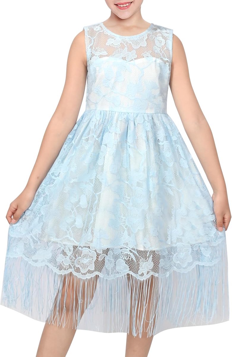Jurk Bloem Lucht Blauw Bloemen Kant Zoom Zoom Mouwloos Elegant Bruiloft Partij De lente 6-8 jaar