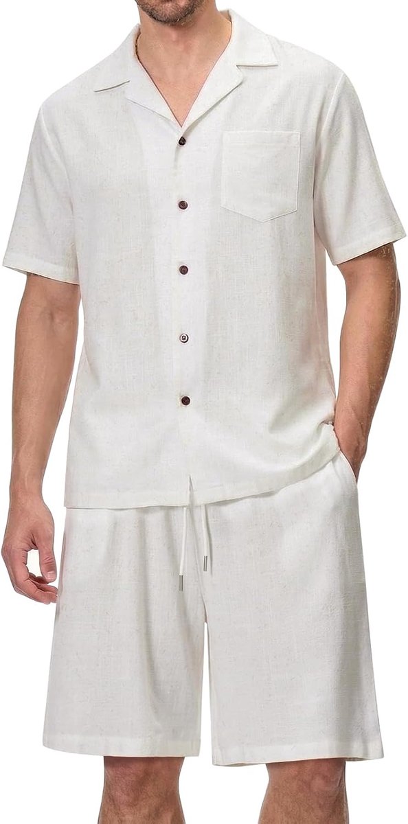 Pak voor heren, hemd en shorts, strand, casual, zomer, linnen, 2-delige set