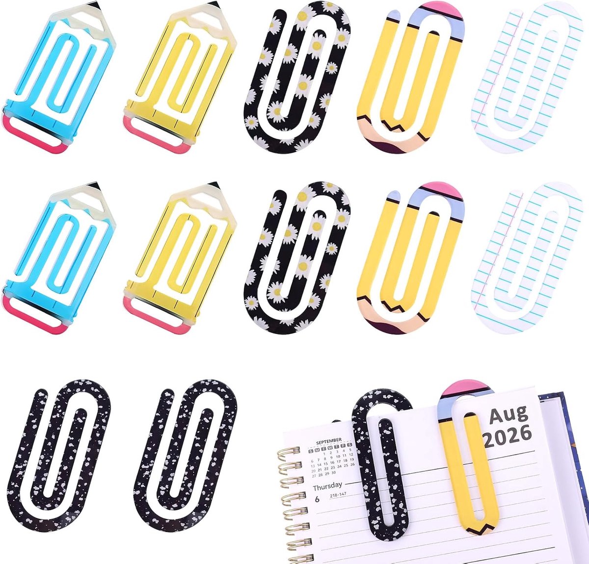 12st Jumbo Acryl Boekmarker Paperclips, 6 Stijlen Grote Acryl Paperclips voor Leraren Geschikt voor Leraren Boekenliefhebbers School Kantoor Klaslokaal Thuisbenodigdheden