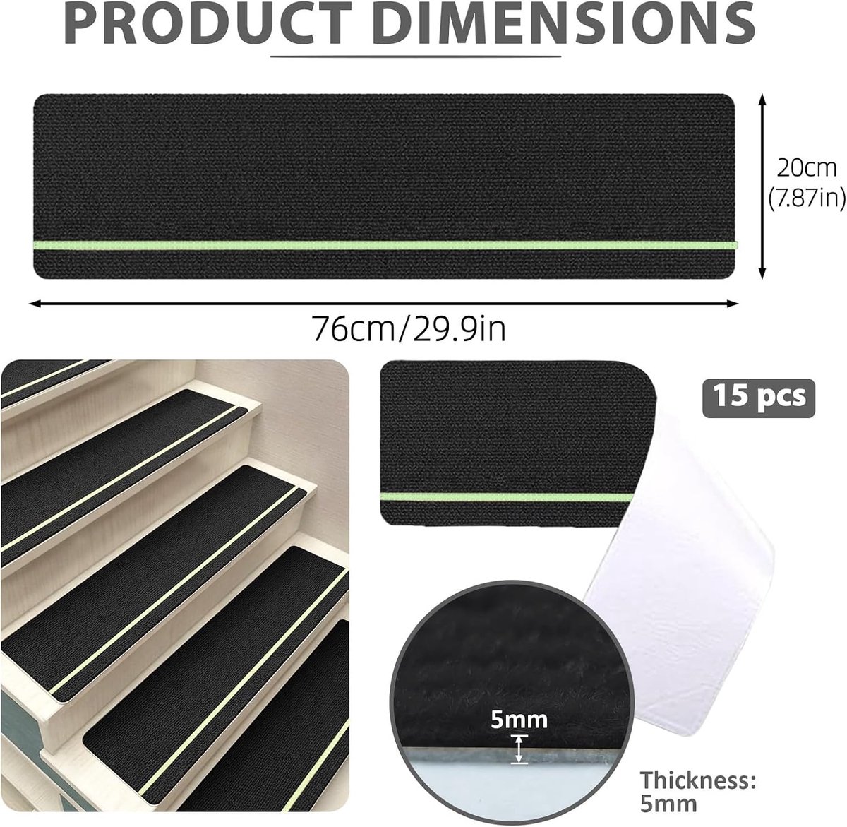 Trapmatten matten antislip zelfklevend met glow-strepen zwart