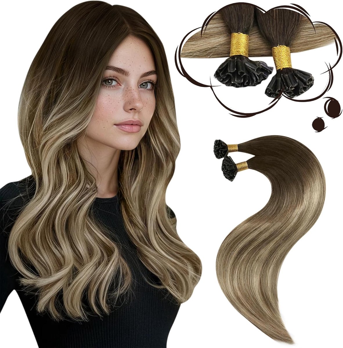 Keratine Bonding Extensions van echt haar, ombre bruin tot blond, 50 cm, 50 g