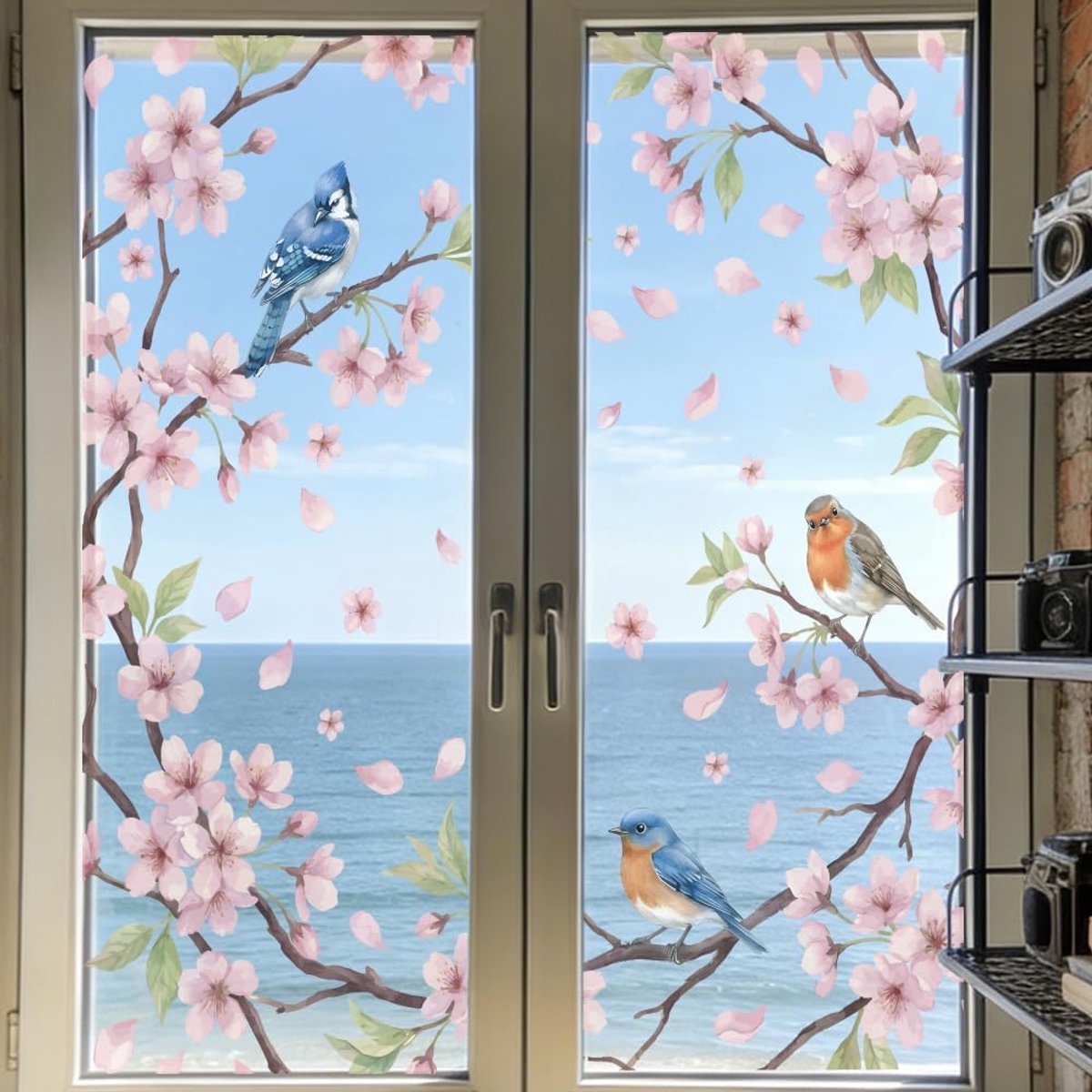 Raamstickers voor thuis school roodborstjes dubbelzijdig venster klampt zich vast 120 x 30 cm/47 x 12 inch roze lente herbruikbare glazen sticker voor cafés balkon