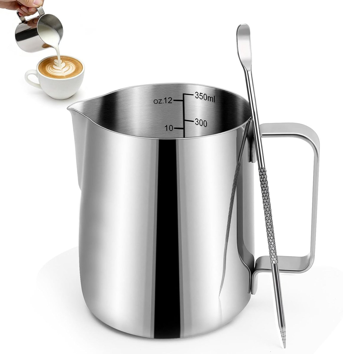 Staal 304 melkschuimkannetje, 350 ml, barista-kwaliteit met latte art pen, anti-hitte handgreep, vaatwasmachinebestendig, FDA-gecertificeerd, BPA-vrij, voor cappuccino latte