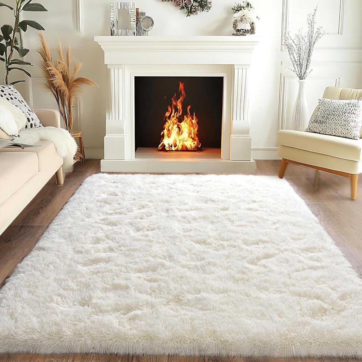 Vloerkleed, crème, 120 x 160 cm, wollig, hoogpolig, modern shaggy woonkamertapijt, beddesprei, antislip, voor slaapkamer en kinderkamer