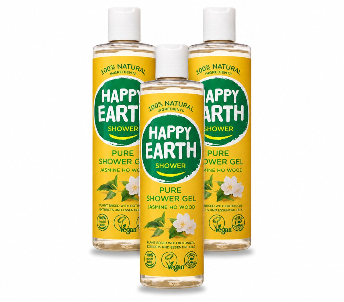 3 x Happy Earth – Douchegel – 100% Natuurlijk Jasmine Ho Wood – 300 ml - Voordeelverpakking - 3 stuks