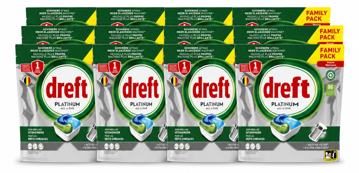 12 x Dreft - Vaatwastabletten - Platinum All-in-One Origineel - Grootverpakking - 96 Tabletten - Voordeelverpakking - 12 stuks