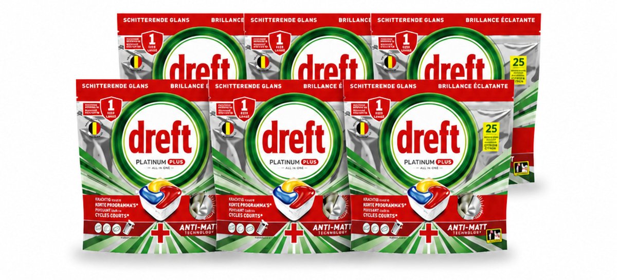 6 x Dreft - Vaatwastabletten - Platinum Plus All-in-One Citroen - Frisse geur - 25 Tabletten - Voordeelverpakking - 6 stuks