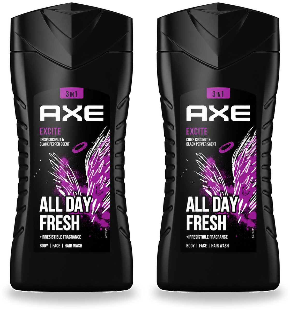 2 x AXE - 3-in-1 Douchegel - Excite - Lichaam, Gezicht & Haar - Verleidelijke Geur - 250 ml - Voordeelverpakking - 2 stuks